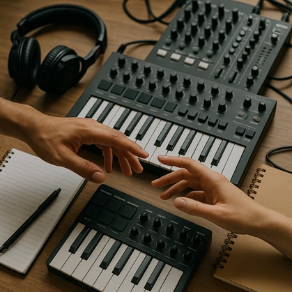 Two hands reaching toward each other across a work